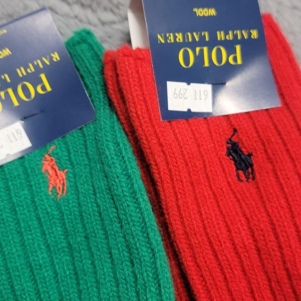 Polo Ralph Lauren Wool Socks Mens 10-13 Christmas Red Green Pony Crew 2 Pairs